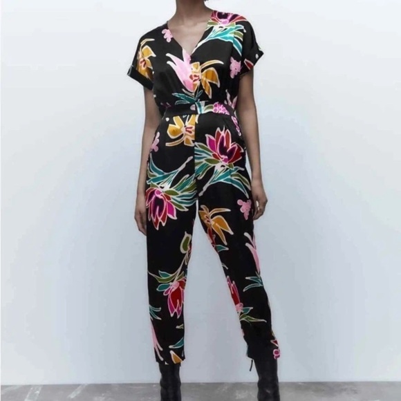 Zara Satin Black Floral Pink Colorful Formal Short Sleeve Zipup Jumpsuit Office - Picture 2 of 16